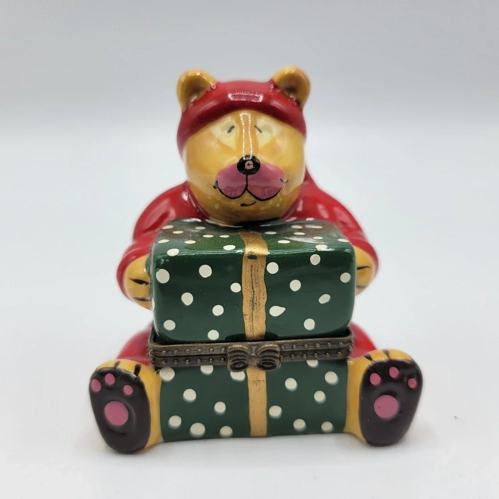 Holiday Santa Bear with Gift Box Sweet Dreams Pillow Hinged Trinket Box Ceramic